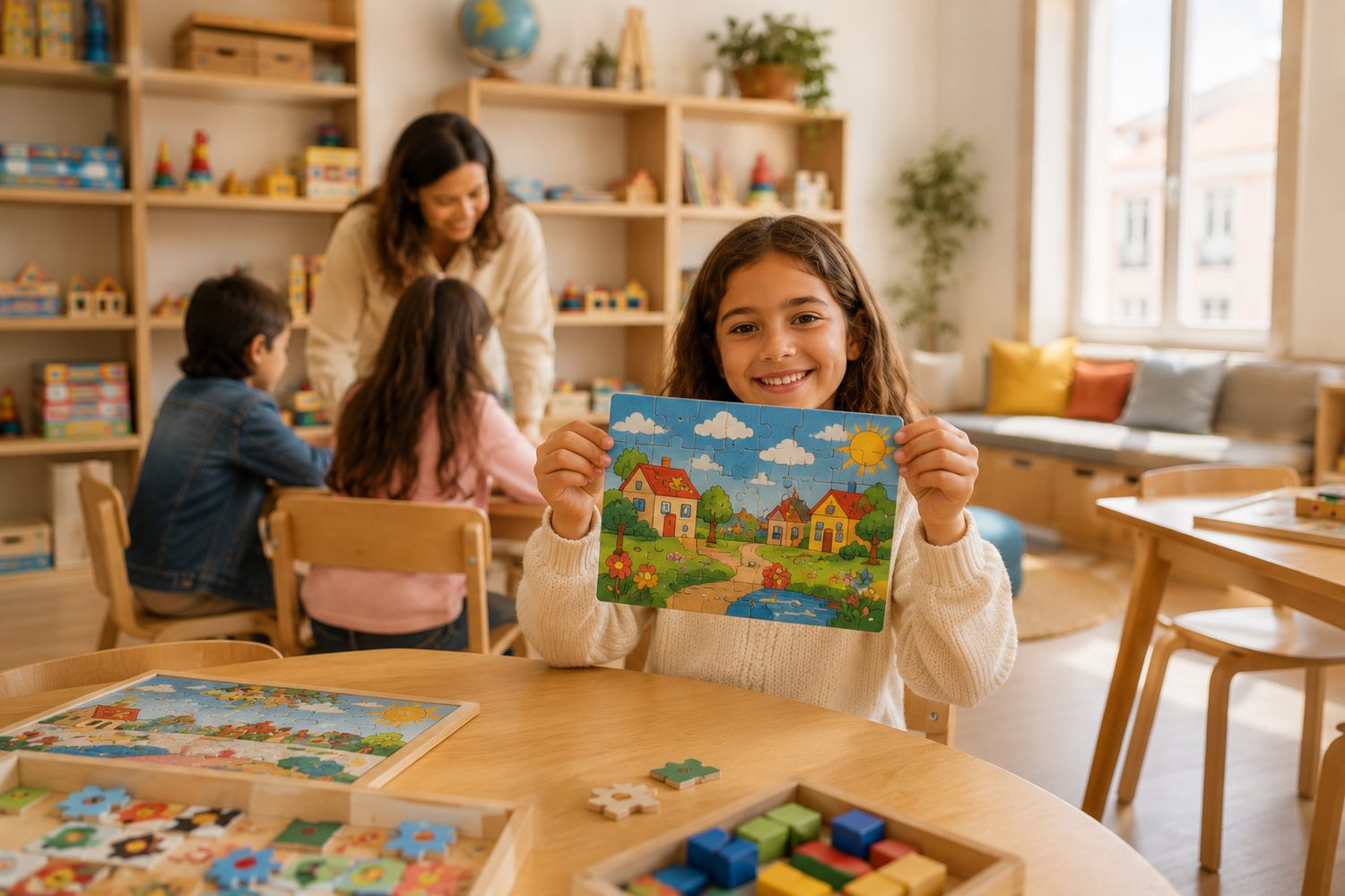 Crianca feliz a mostrar um puzzle terminado no Viluiks