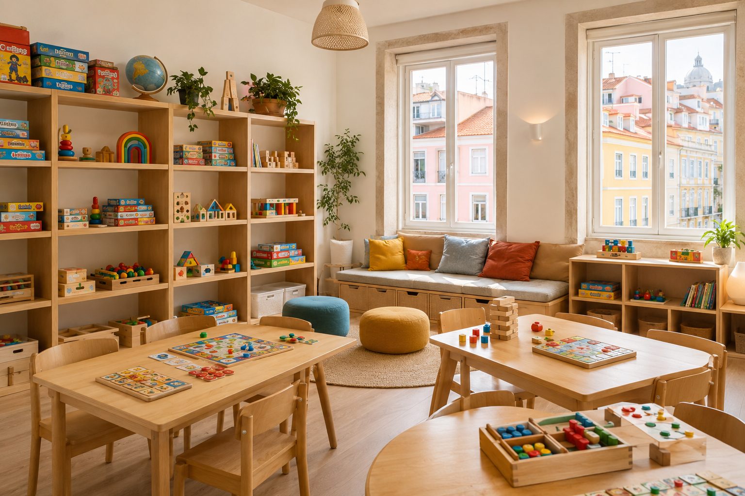 Sala do Viluiks com estantes de jogos educativos e espaco de atividades em Lisboa