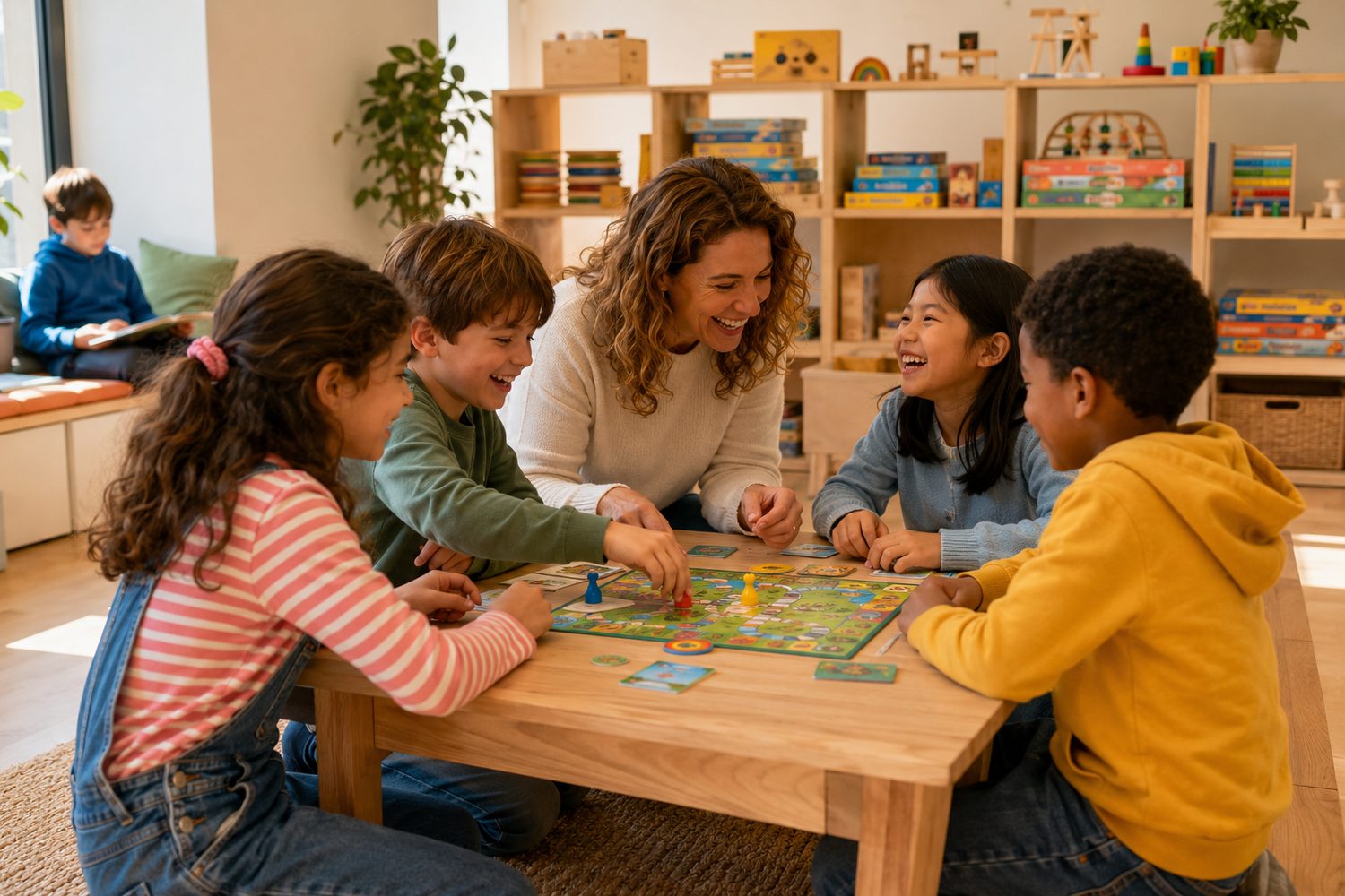 Grupo de crianças e educadora a divertir-se com um jogo cooperativo no Viluiks