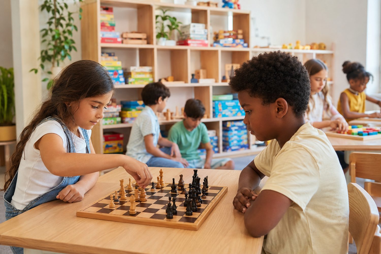 Criancas a jogar um jogo de estrategia e tabuleiro no Viluiks